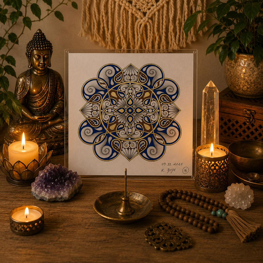 Mandala Original handgezeichnet „Wellenstern der goldenen Klarheit“ – Spirituelles Kunst Unikat für den Altar & zur Raumharmonisierung