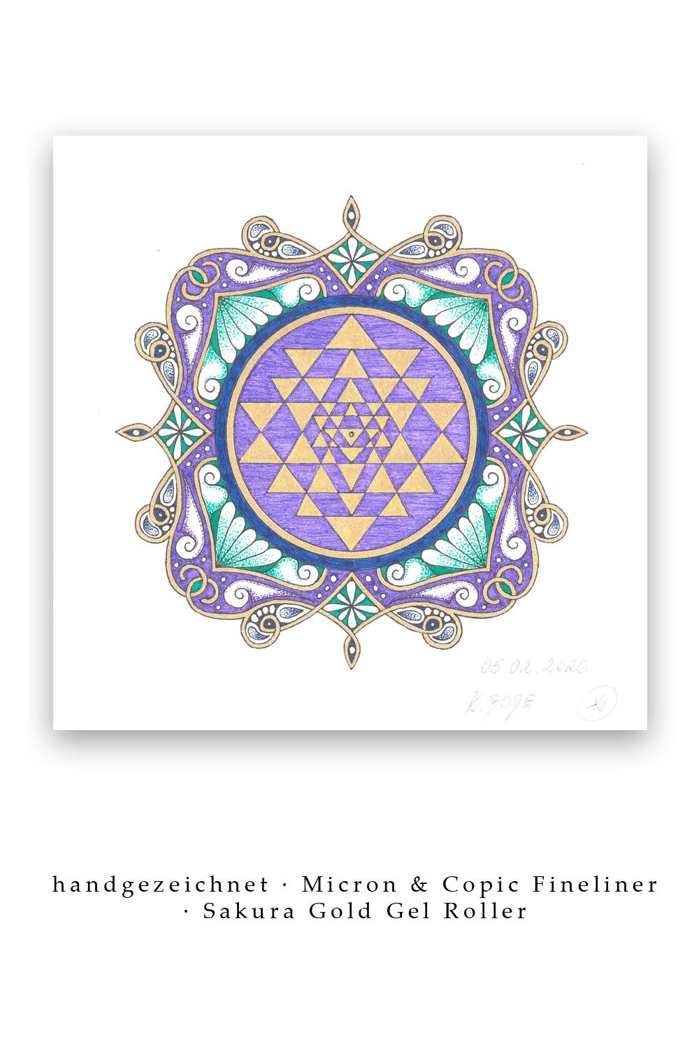 Mandala Original handgezeichnet „Sri Yantra - Strahlende Einheit“ – Spirituelles Kunst Unikat für den Altar & zur Raumharmonisierung