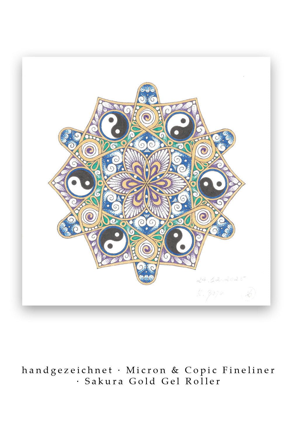 Mandala Original handgezeichnet „Yin & Yang - Blume des kosmischen Gleichgewichts“ – Spirituelles Kunst Unikat für den Altar & zur Raumharmonisierung