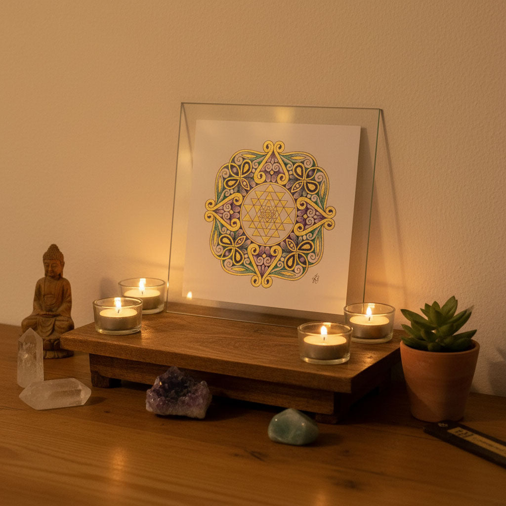 Mandala Original handgezeichnet „Sri Yantra des Herzens“ – Spirituelles Kunst Unikat für den Altar & zur Raumharmonisierung