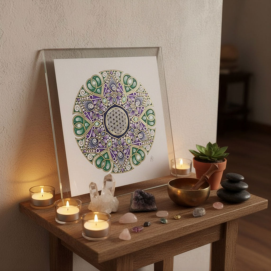 Mandala Original handgezeichnet „Blume des Lebens - Blüte der Harmonie“ – Spirituelles Kunst Unikat für den Altar & zur Raumharmonisierung