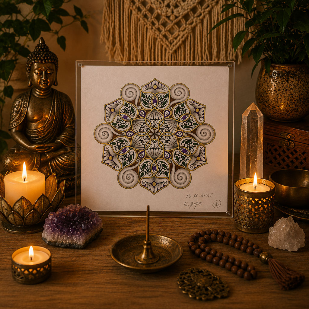 Mandala Original handgezeichnet „Garten der stillen Erneuerung“ – Spirituelles Kunst Unikat für den Altar & zur Raumharmonisierung