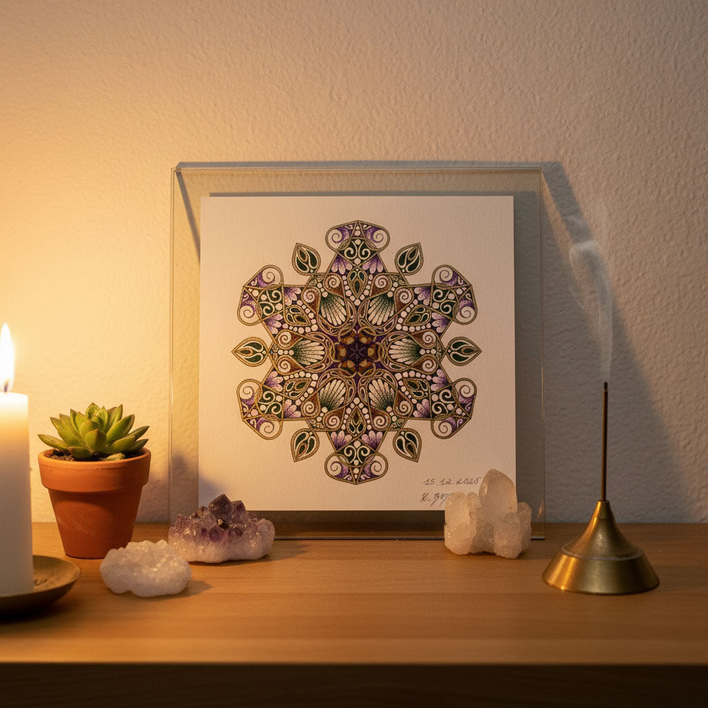 Mandala Original handgezeichnet „Gartenstern der Erdung“ – Spirituelles Kunst Unikat für den Altar & zur Raumharmonisierung