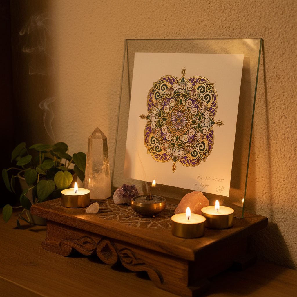Mandala Original handgezeichnet „Herztempel der grünen Weisheit“ – Spirituelles Kunst Unikat für den Altar & zur Raumharmonisierung