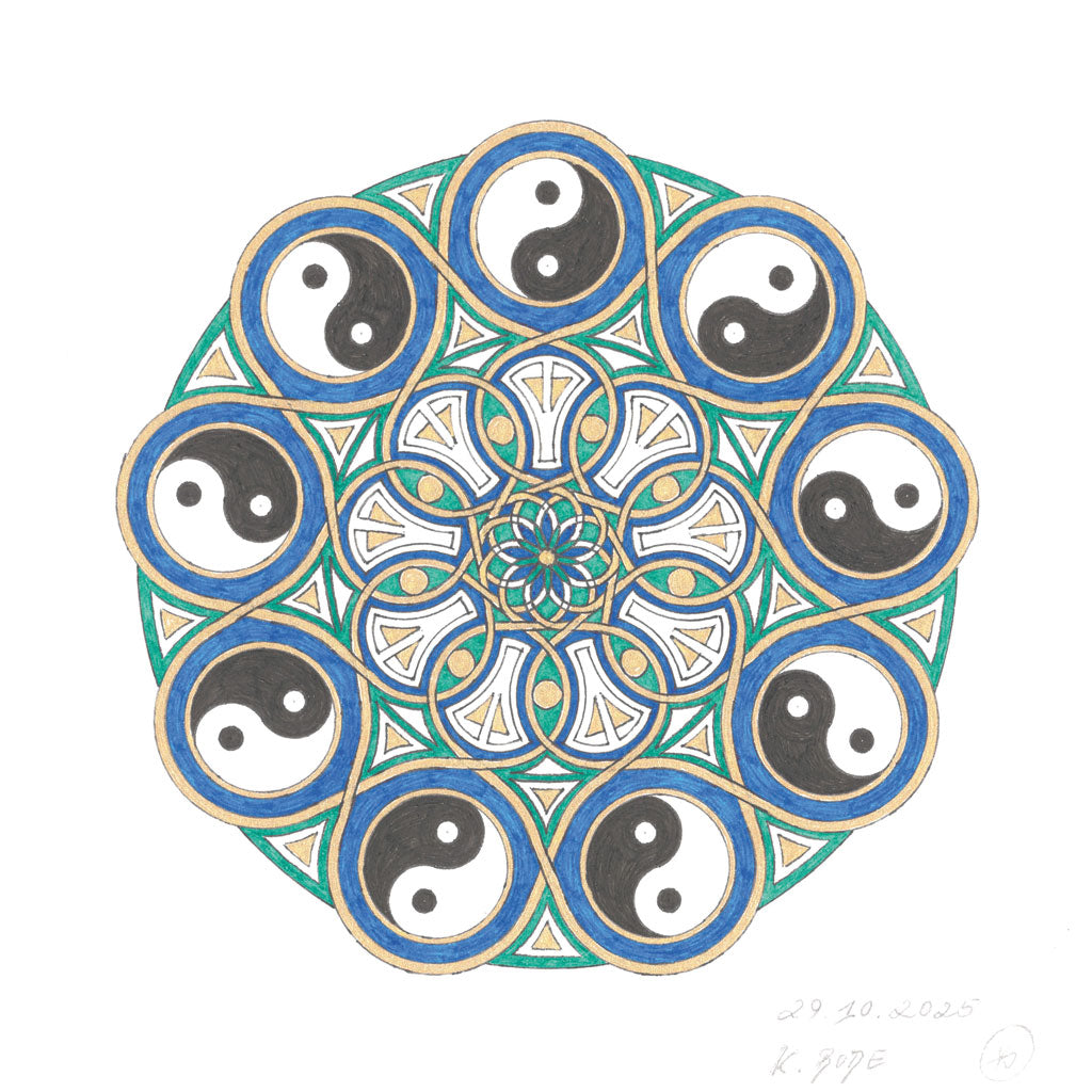 Mandala Original handgezeichnet „Kreis von Yin & Yang - Harmonie der Gegensätze“ – Spirituelles Kunst Unikat für den Altar & zur Raumharmonisierung