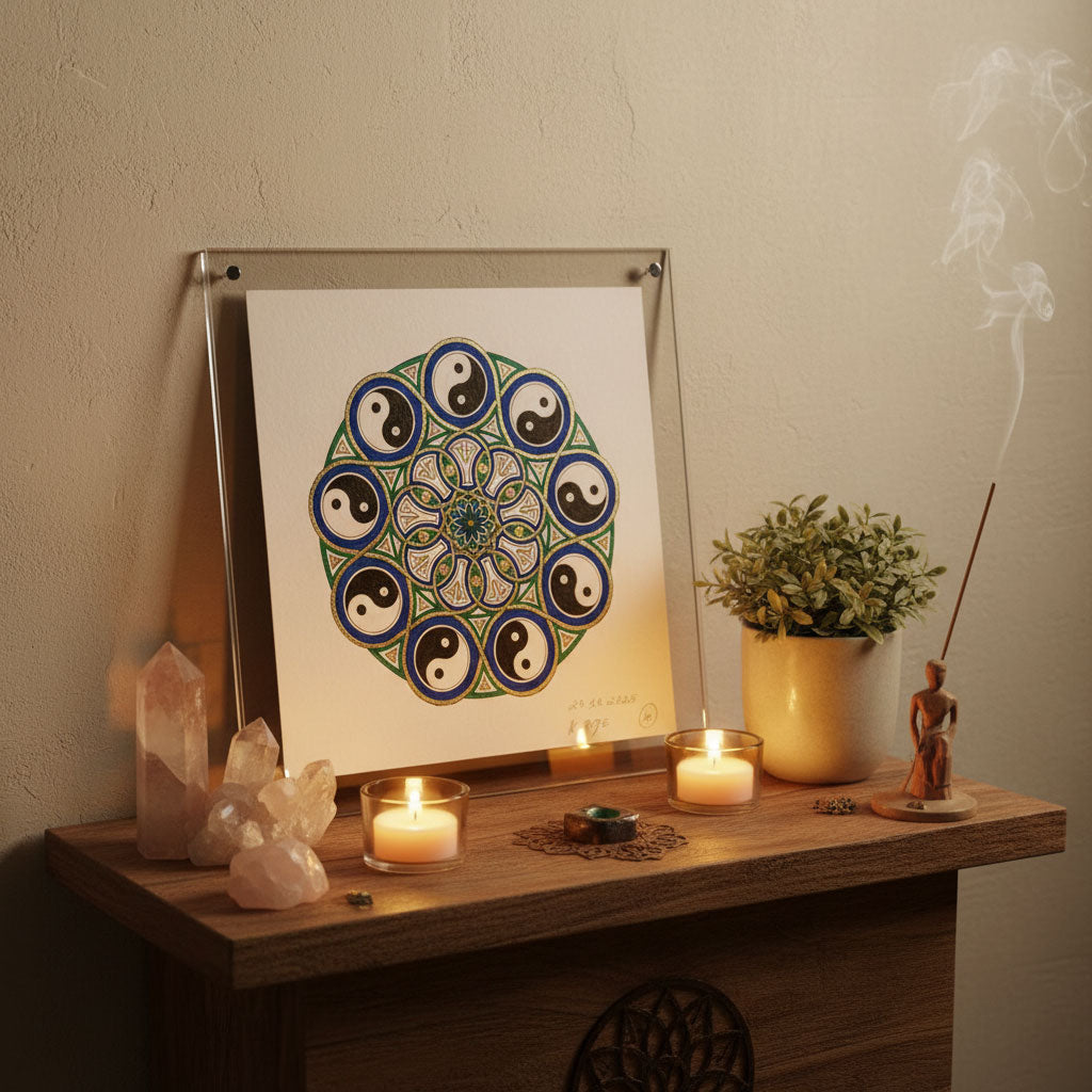 Mandala Original handgezeichnet „Kreis von Yin & Yang - Harmonie der Gegensätze“ – Spirituelles Kunst Unikat für den Altar & zur Raumharmonisierung