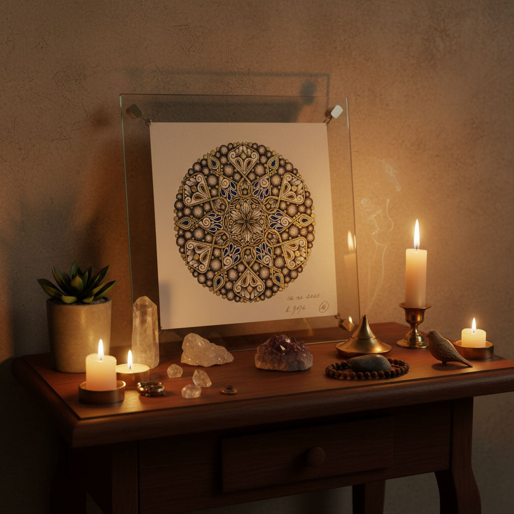 Mandala Original handgezeichnet „Nebelkranz der goldenen Stille“ – Spirituelles Kunst Unikat für den Altar & zur Raumharmonisierung
