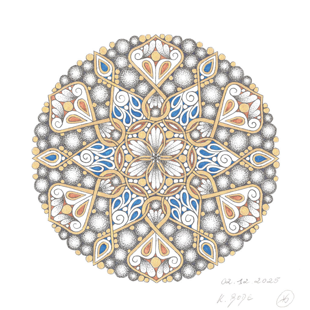 Mandala Original handgezeichnet „Nebelkranz der goldenen Stille“ – Spirituelles Kunst Unikat für den Altar & zur Raumharmonisierung