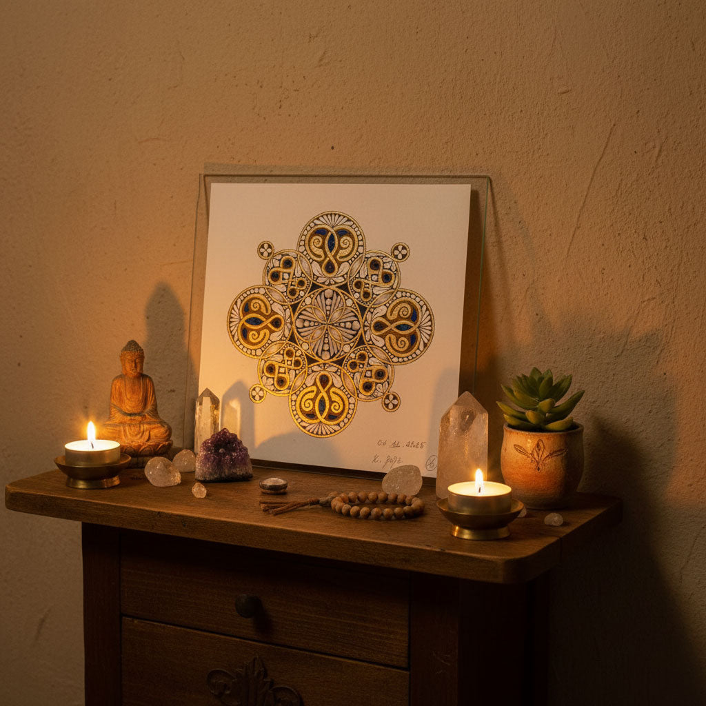 Mandala Original handgezeichnet „Siegel der goldenen Geborgenheit“ – Spirituelles Kunst Unikat für den Altar & zur Raumharmonisierung