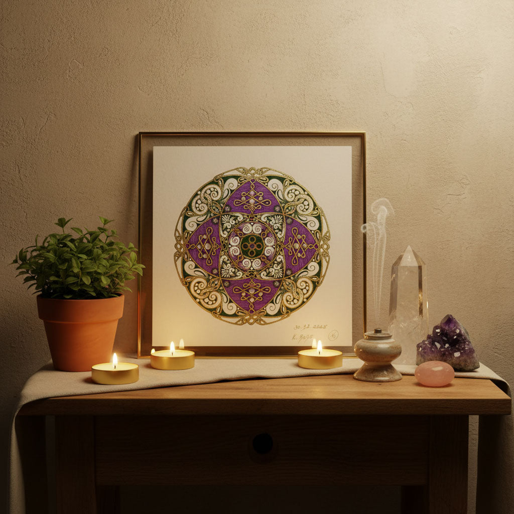 Mandala Original handgezeichnet „Siegel der königlichen Verbindung“ – Spirituelles Kunst Unikat für den Altar & zur Raumharmonisierung