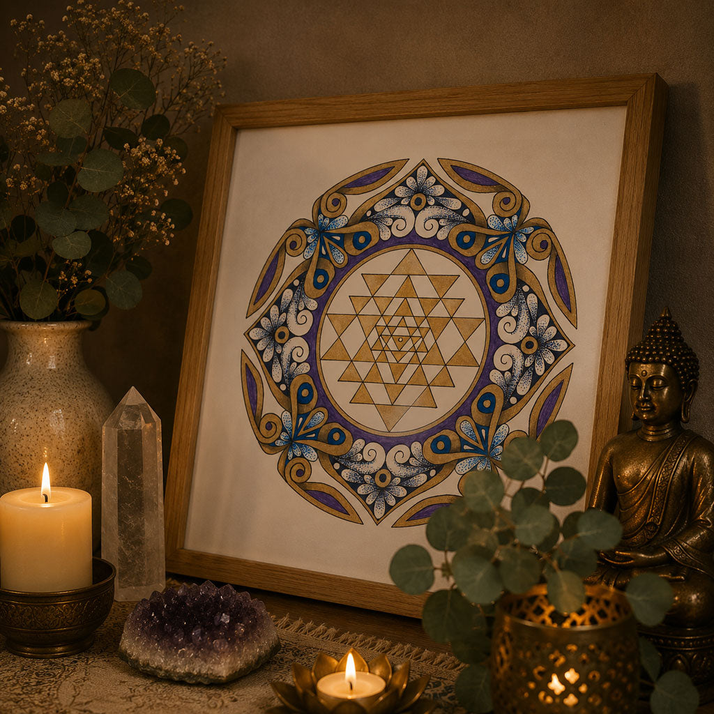 Mandala Original handgezeichnet „Sri Yantra Harmonie“ – Spirituelles Kunst Unikat für den Altar & zur Raumharmonisierung