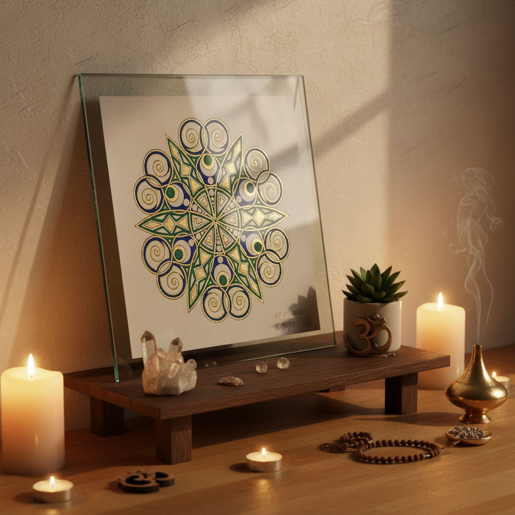 Mandala Original handgezeichnet „Sternblume der klaren Ausrichtung“ – Spirituelles Kunst Unikat für den Altar & zur Raumharmonisierung