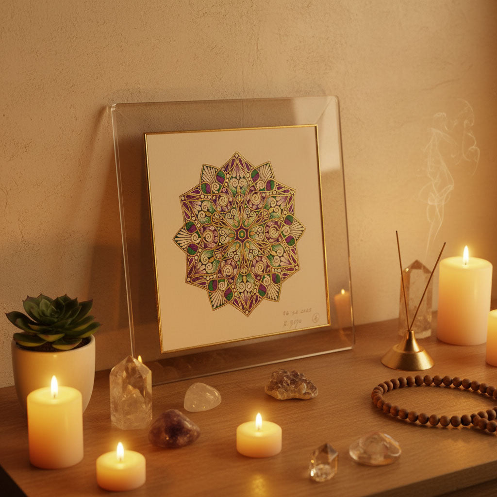 Mandala Original handgezeichnet „Sternkrone der lichten Ordnung“ – Spirituelles Kunst Unikat für den Altar & zur Raumharmonisierung