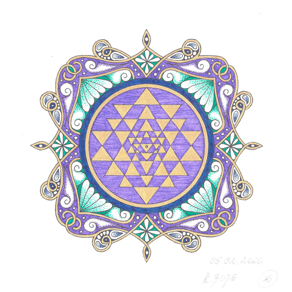 Mandala Original handgezeichnet „Sri Yantra - Strahlende Einheit“ – Spirituelles Kunst Unikat für den Altar & zur Raumharmonisierung