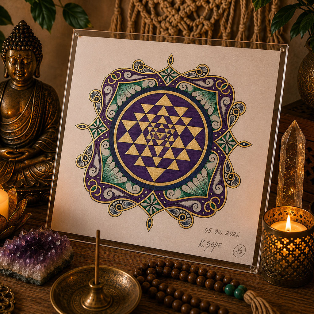 Mandala Original handgezeichnet „Sri Yantra - Strahlende Einheit“ – Spirituelles Kunst Unikat für den Altar & zur Raumharmonisierung