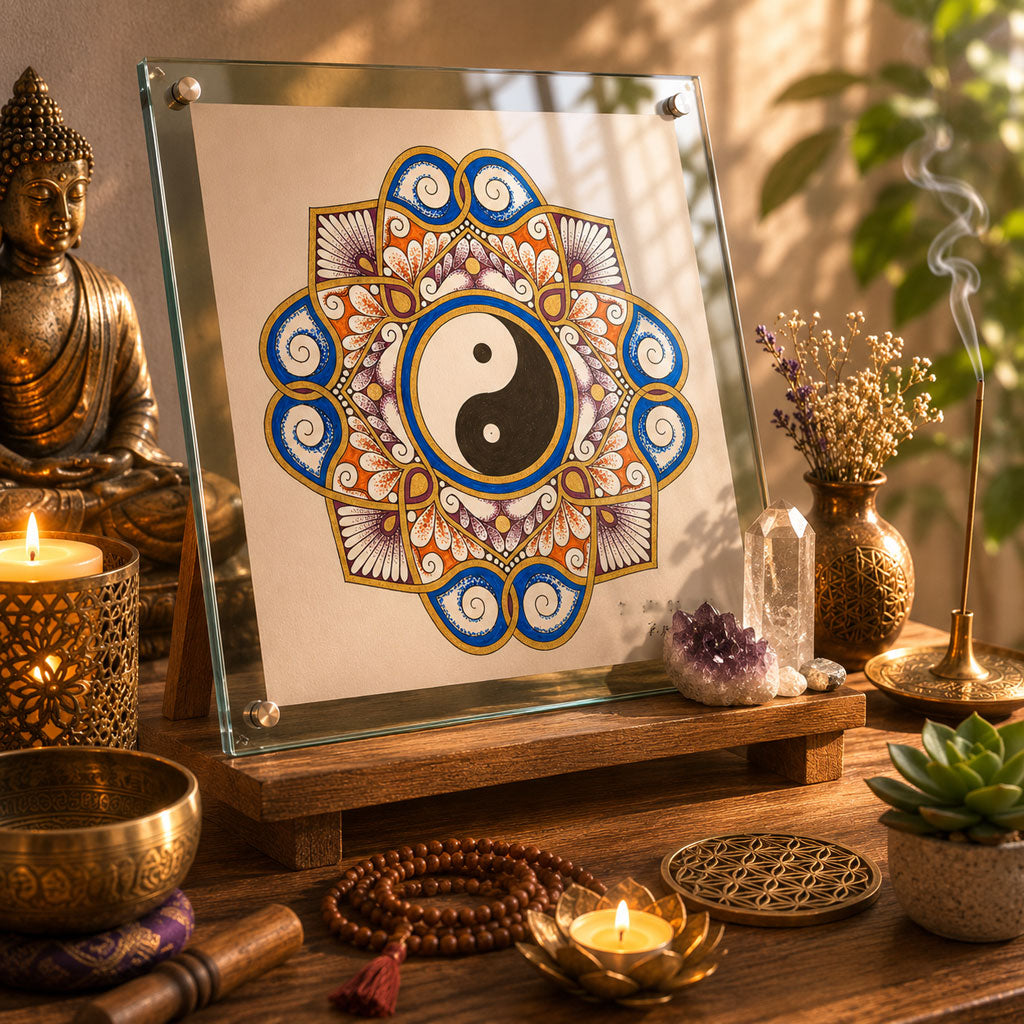 Mandala Original handgezeichnet „Yin & Yang - Tanz der Gegensätze“ – Spirituelles Kunst Unikat für den Altar & zur Raumharmonisierung