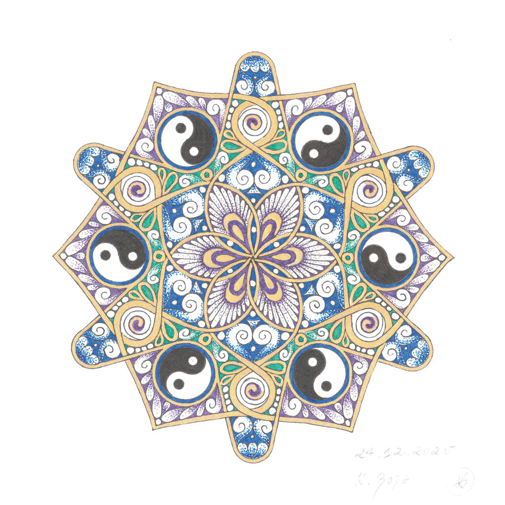 Mandala Original handgezeichnet „Yin & Yang - Blume des kosmischen Gleichgewichts“ – Spirituelles Kunst Unikat für den Altar & zur Raumharmonisierung