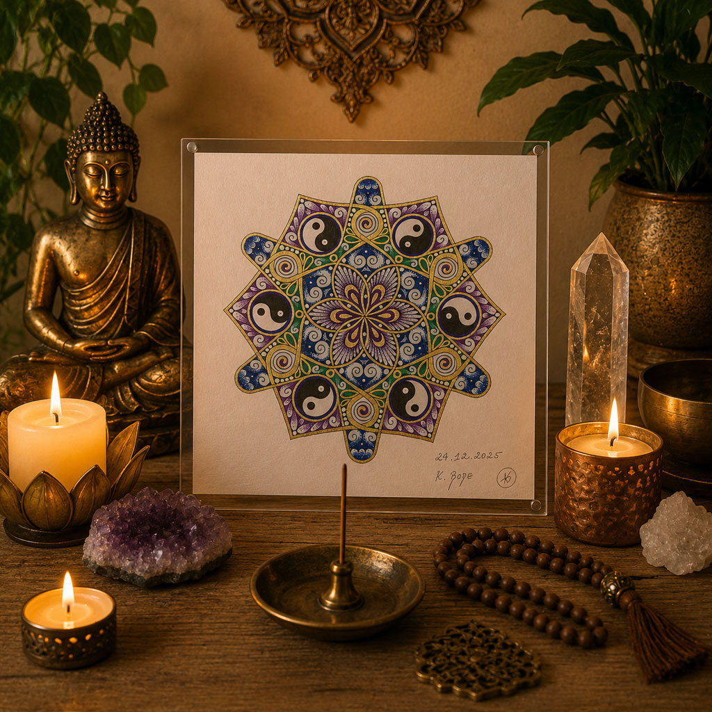 Mandala Original handgezeichnet „Yin & Yang - Blume des kosmischen Gleichgewichts“ – Spirituelles Kunst Unikat für den Altar & zur Raumharmonisierung